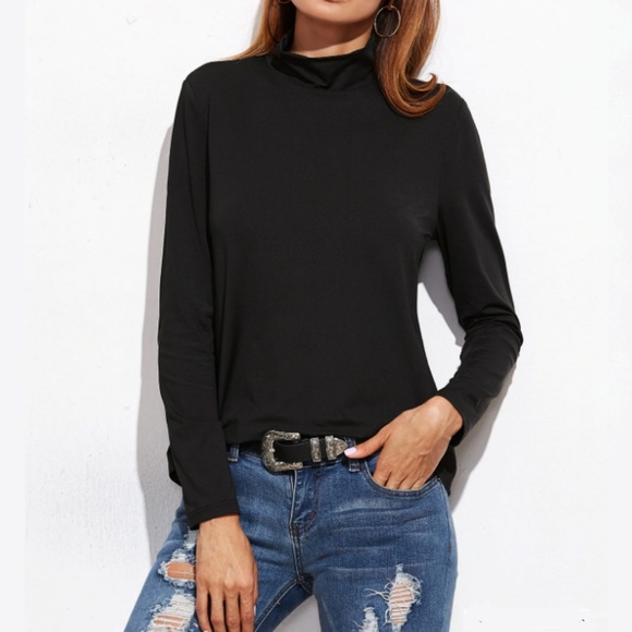 Tops - Black  Blouse L Split Back Long Sleeves High Neck